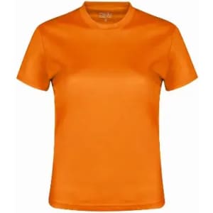 An orange short-sleeve t-shirt displayed against a plain background, featuring a logo on the collar.