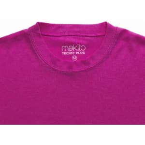 A purple T-shirt featuring a round neckline and a branding label inside.