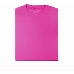 A folded pink T-shirt laid flat, featuring a crew neck and a subtle texture. It has a branding logo on the inside neck.