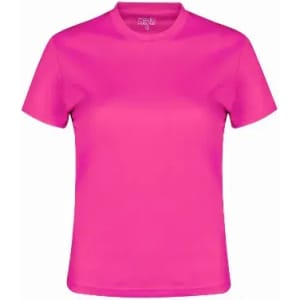 A pink short-sleeved t-shirt with a round neck and a simple design. It features a logo on the label.