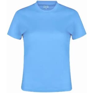 A blue short-sleeved shirt with a round neckline, featuring a logo on the inside neck.