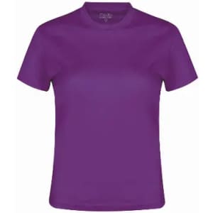 A purple short-sleeved t-shirt with a round neckline and a smooth texture. It features a logo on the inner neck.