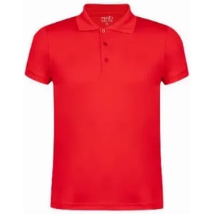 A red polo shirt featuring a collar and three buttons, with a brand logo at the neck.