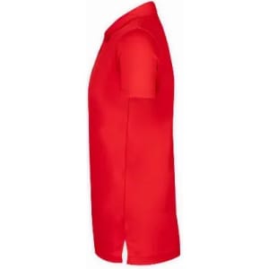 A red polo shirt with a collar, featuring short sleeves and a side slit at the hem. It has a logo on the chest.