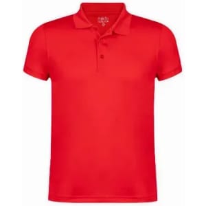 A red polo shirt with a collar and three buttons, featuring a simple design without any patterns.