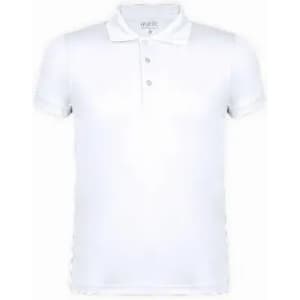 A white polo shirt featuring a collar and three buttons, with a logo on the upper side.