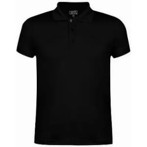 A black polo shirt featuring a collar and three buttons, with no visible logos or designs.