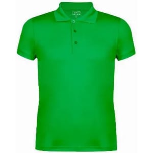 A green polo shirt featuring a collar and three buttons, with a smooth texture and a simple design.