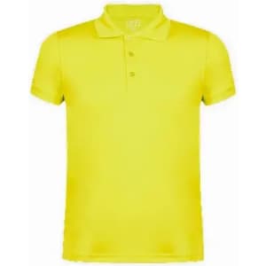 A yellow polo shirt with a collar and three buttons, featuring a logo on the chest area.