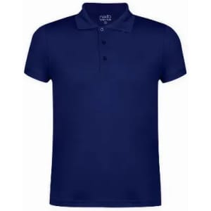 A navy blue polo shirt featuring a classic collar and three-button placket. It has a logo on the collar.