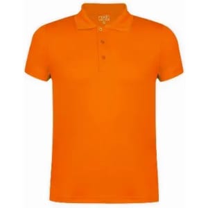 A polo shirt in bright orange, featuring a classic collar and three buttons on the front. It has a logo on the collar.