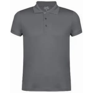 A grey polo shirt with a collar and three buttons. The shirt has a smooth, plain design.