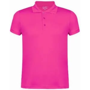 A pink polo shirt with a collar and three-button placket, featuring a logo on the upper side.
