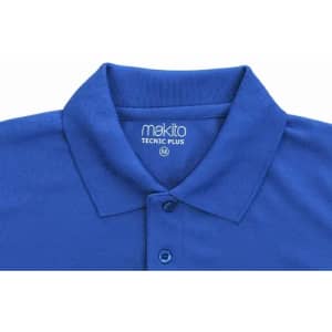 A blue polo shirt with a collar, featuring buttons and a branded label inside the neckline.