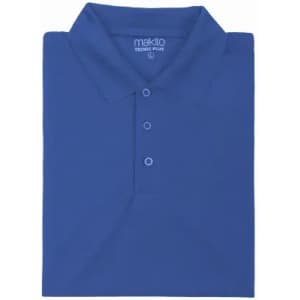 A blue polo shirt featuring a collar and three buttons, featuring a logo on the front.