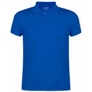A blue polo shirt with a collar and three buttons, featuring a logo on the upper side.