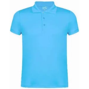 A blue polo shirt featuring a collar and three buttons, with a logo on the neckline.