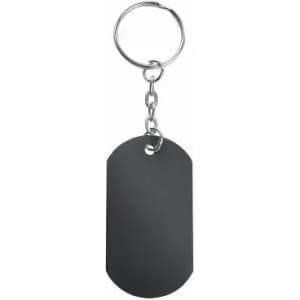 A keychain featuring a black tag, connected by a metal chain to a circular keyring.