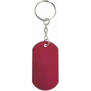 A keychain featuring a red tag, attached to a silver keyring with a chain.