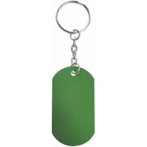 A green keychain tag with a circular keyring attachment. The tag has a smooth, matte finish.
