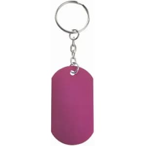 A keychain featuring a magenta tag with a smooth surface and a metal ring for attachment.
