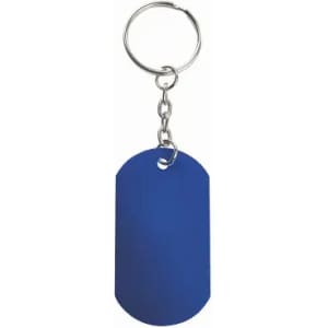 A blue key tag with a rounded rectangular shape, attached to a silver keyring.