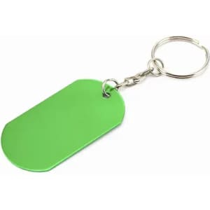 A green key tag with an oval shape attached to a metal keyring.