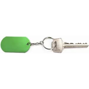 A key with a silver metal design attached to a green key tag. The key tag is oval-shaped and has a shiny finish.