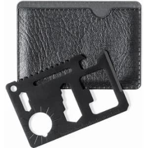 A black wallet with a matching black multi-tool card inside. The card features various tool functionalities.