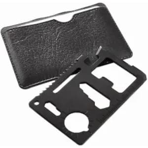 A multi-tool card in black with a sleek design, displayed alongside a black leather holder.