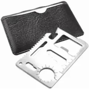A metal multi-tool with various functions, placed beside a black leather wallet or card holder.