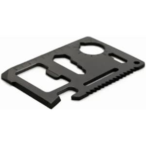 A black multifunctional card tool featuring various functions like a saw and measuring scales. It has a sleek design.