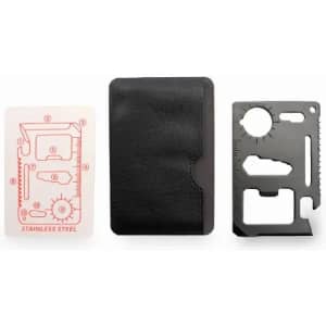 A stainless steel multi-tool card beside a black leather cardholder. The tool features various functions and measurements.