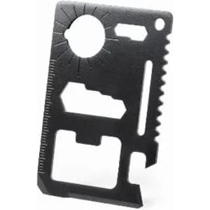 A multifunctional black tool resembling a credit card, featuring various edges and a circular cutout.
