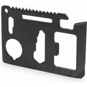 A black multi-tool card featuring various cutouts and measuring markings, designed for utility and convenience.