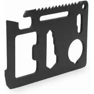 A black multi-tool card featuring various cut-outs and shapes for functionality. It has a sleek, compact design.