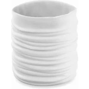 A textured white drink bottle with a ribbed design and a cylindrical shape. It features a logo.