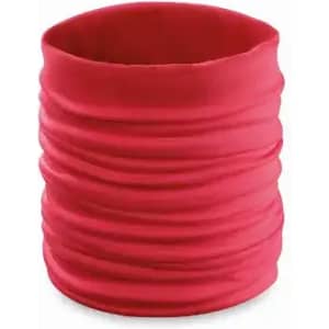 A red, stretchy tubular product with a textured surface, featuring a subtle logo.