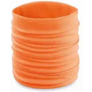 An orange, stretchy drink bottle holder featuring a textured design and a logo.