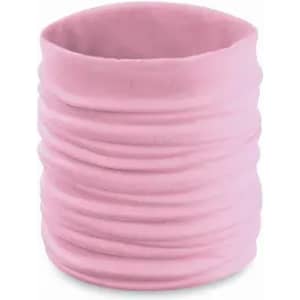 A drink bottle in a soft pink colour, featuring a textured design and a logo.