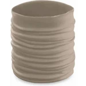 A drink bottle in a light beige colour with a textured, wrinkled design and a simple shape. It has a logo.