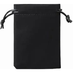 A black drawstring pouch made of soft material, featuring a cinched closure at the top.