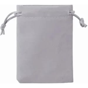 A grey drawstring pouch made of soft material, featuring two cord ties at the opening.