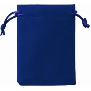 A blue drawstring pouch with a smooth finish and matching drawstrings. It has a logo on the front.