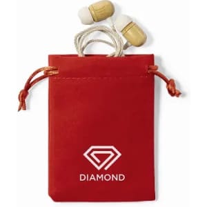 A red drawstring pouch containing earphones with wooden details. The pouch features a logo.