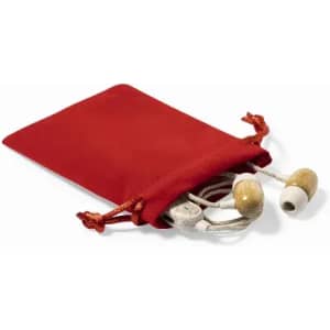A red pouch containing white earphones with beige tips and a cord. The pouch features a drawstring closure.