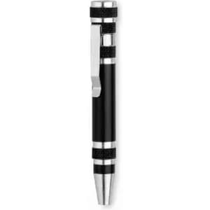 A black pen with silver accents and a clip, featuring a textured grip and a sleek design.
