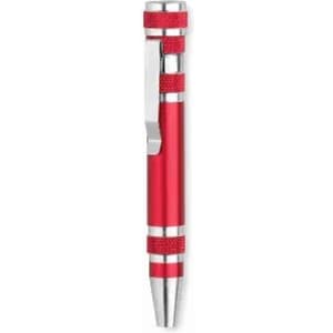 A red pen with silver accents and a textured grip, featuring a clip for attachment.