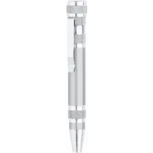 A sleek silver pen with a textured grip and clip, featuring a polished finish and a stylish design.