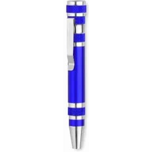 A blue pen with silver accents and a clip. It features textured grips and a shiny finish.